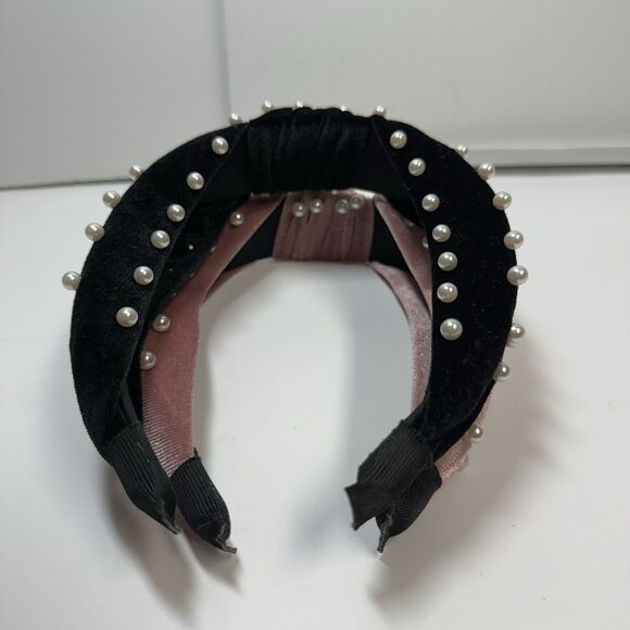 Velvet Top Knot Faux Pearl Embellished Headband Bundle Lot Of 2 Black & Pink New - Picture 5 of 6